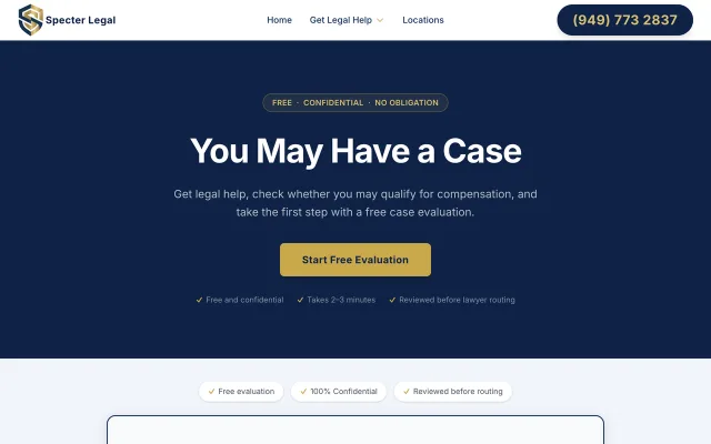 Specter Legal website homepage with its free case evaluation flow